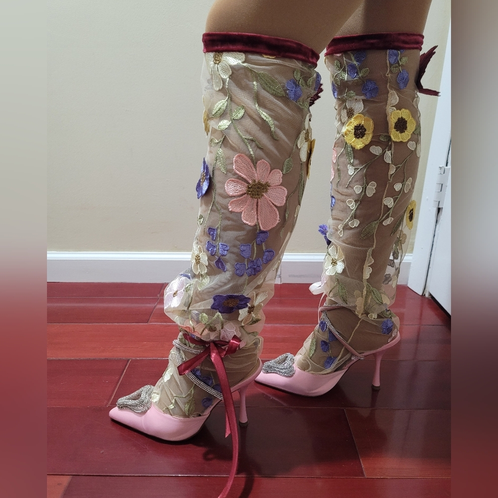 Handcrafted Embroidered Floral Sheer Socks with Velvet Trim - Picture 5 of 5
